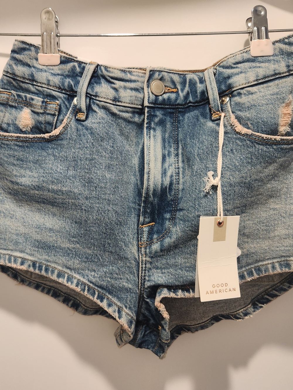 Good American Light Blue Distressed Denim Jean Shorts